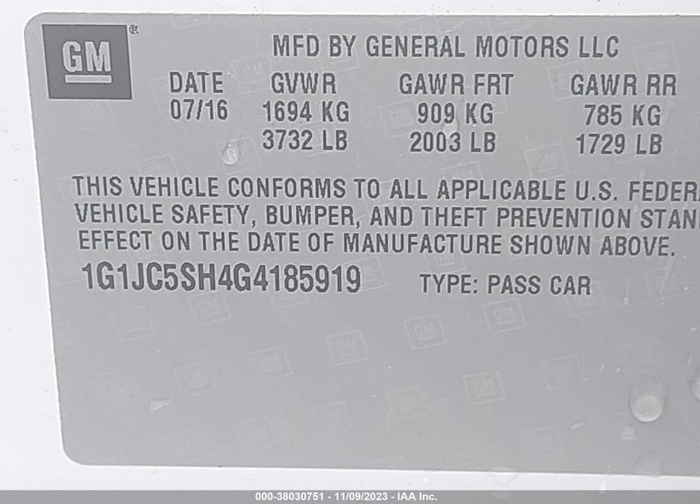 2016 CHEVROLET SONIC LT AUTO VIN: 1G1JC5SH4G4185919