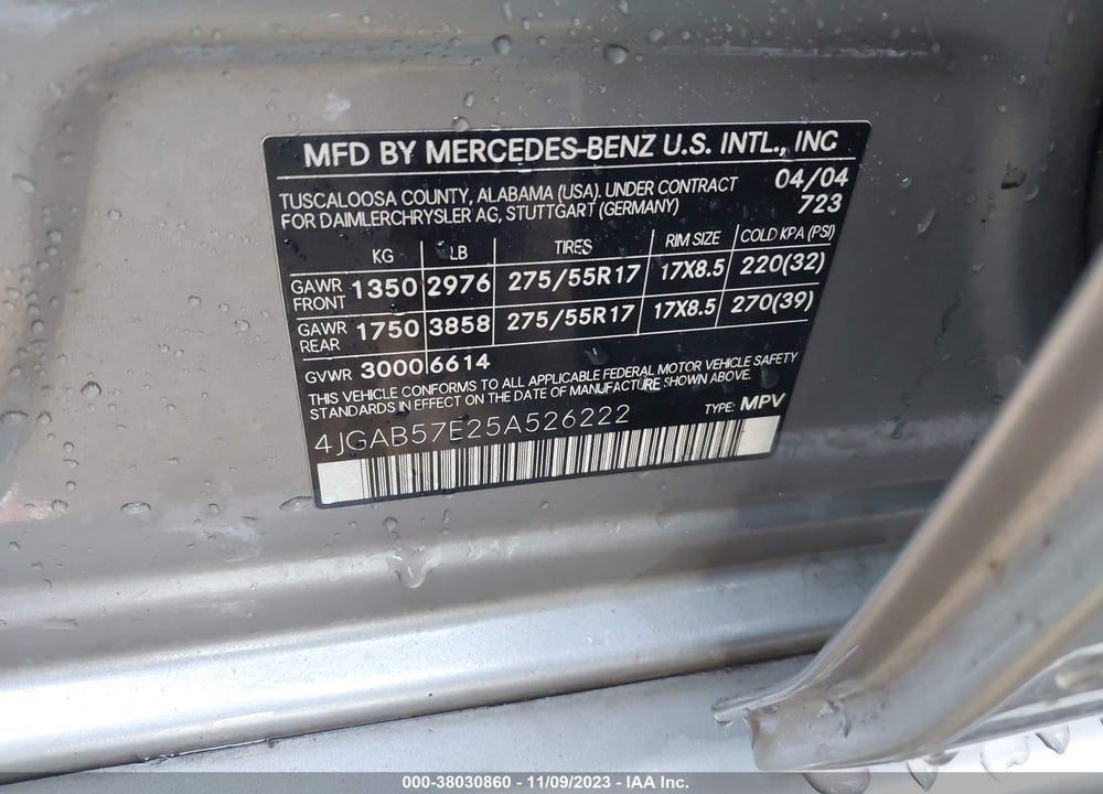 2005 MERCEDES-BENZ ML 350 4MATIC VIN: 4JGAB57E25A526222