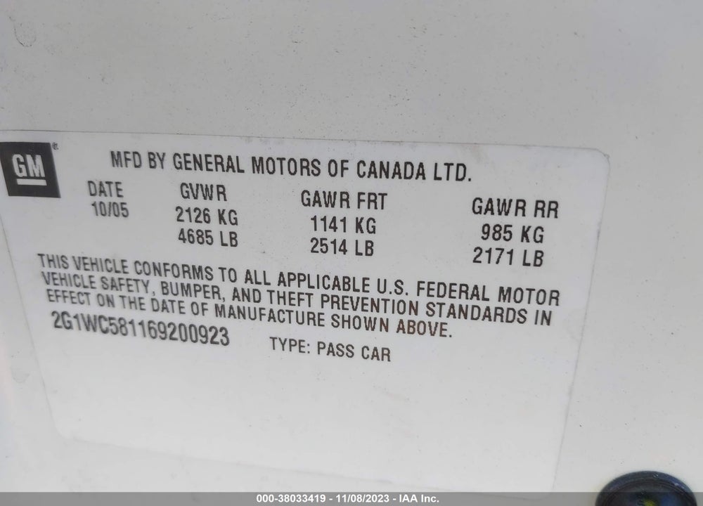 2006 CHEVROLET IMPALA LT VIN: 2G1WC581169200923