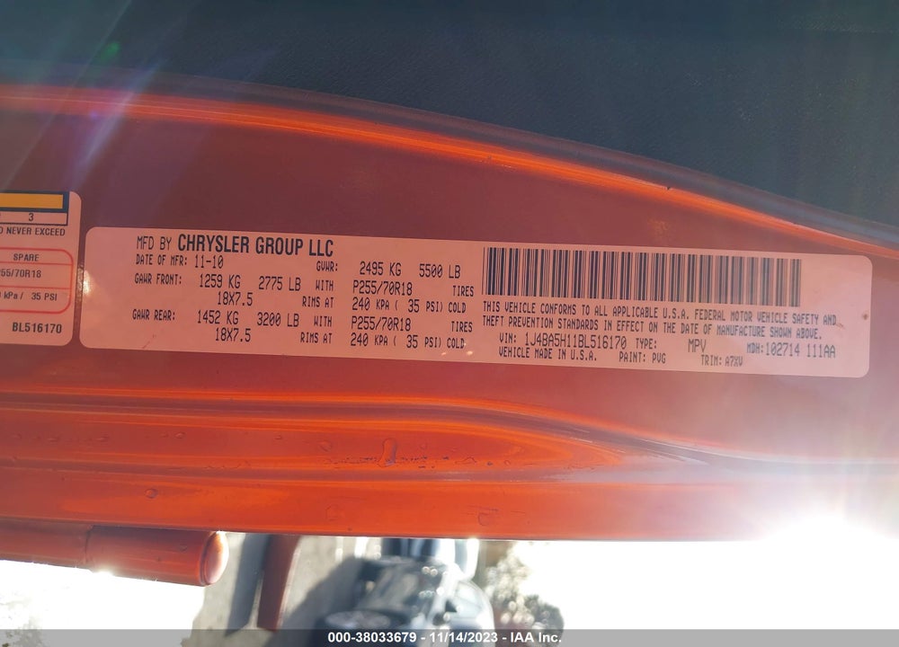 2011 JEEP WRANGLER UNLIMITED SAHARA VIN: 1J4BA5H11BL516170