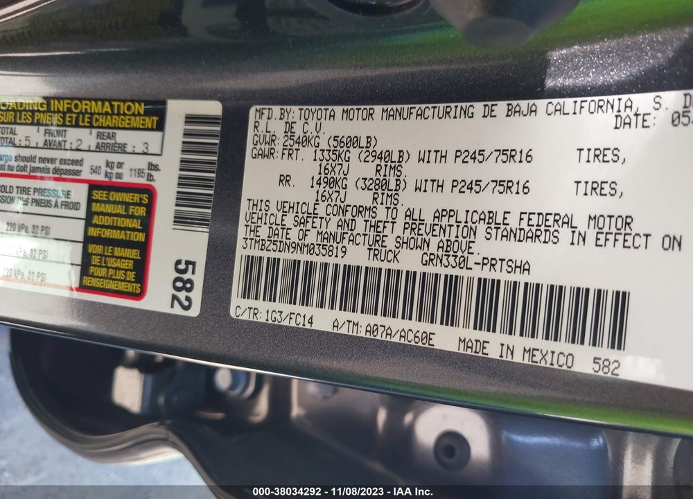 2022 TOYOTA TACOMA SR5 V6 VIN: 3TMBZ5DN9NM035819