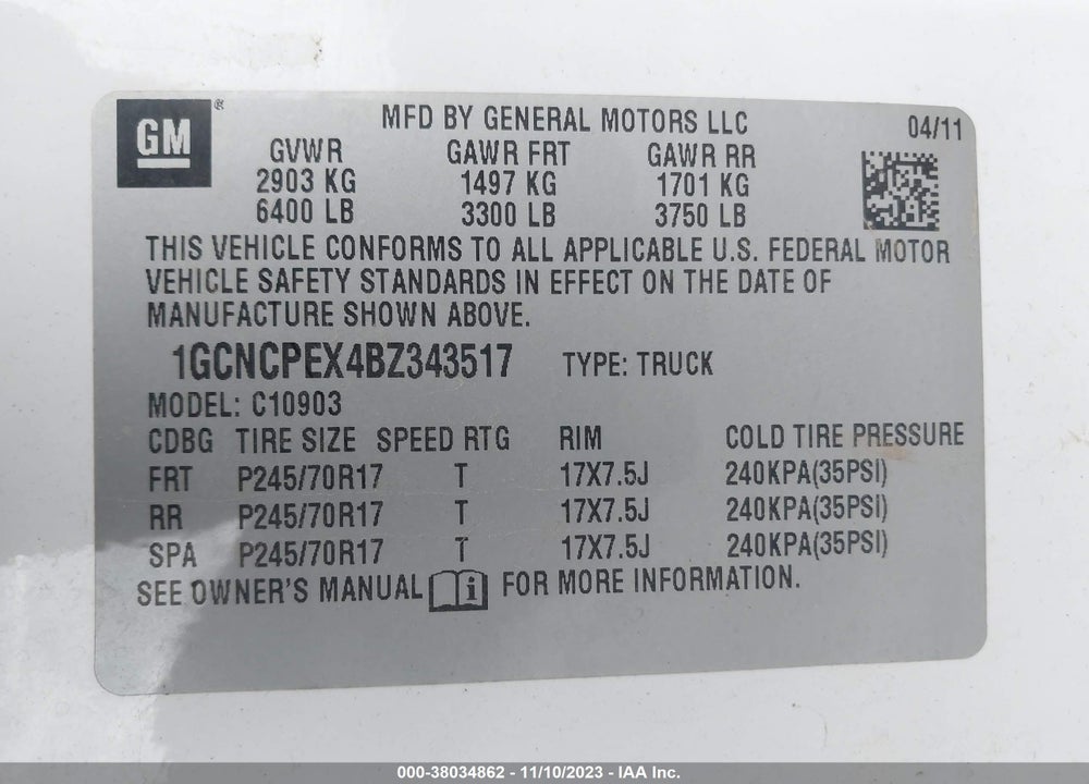 2011 CHEVROLET SILVERADO 1500 WORK TRUCK VIN: 1GCNCPEX4BZ343517