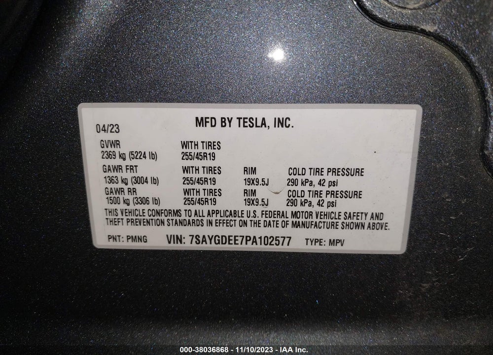2023 TESLA MODEL Y AWD/LONG RANGE DUAL MOTOR ALL-WHEEL DRIVE VIN: 7SAYGDEE7PA102577