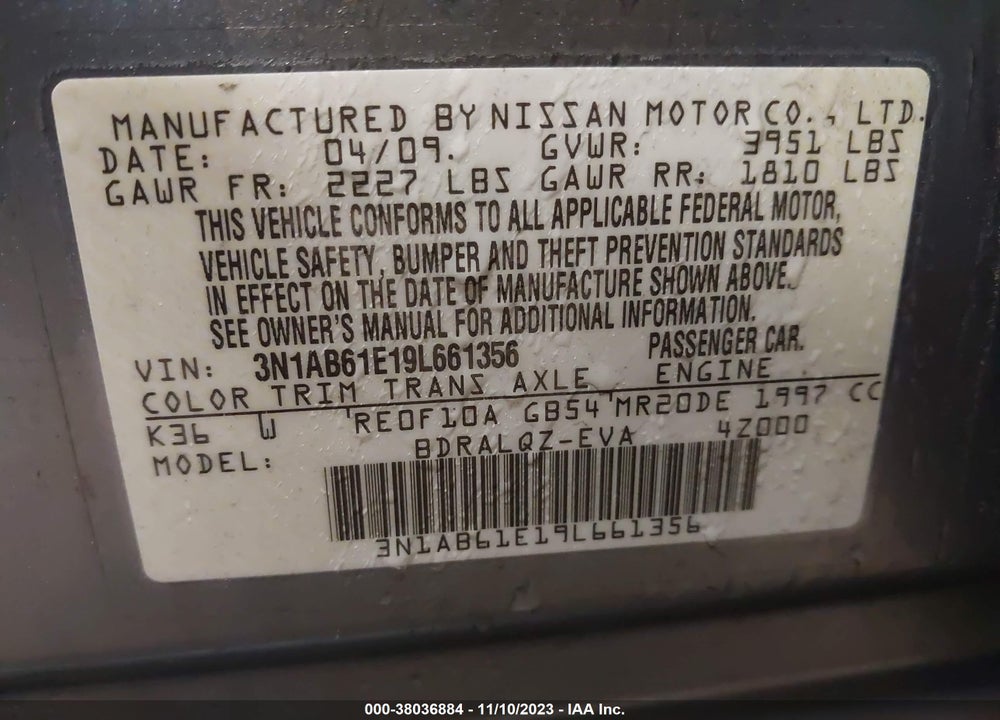 2009 NISSAN SENTRA 2.0 VIN: 3N1AB61E19L661356