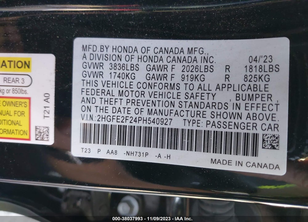 2023 HONDA CIVIC LX VIN: 2HGFE2F24PH540927