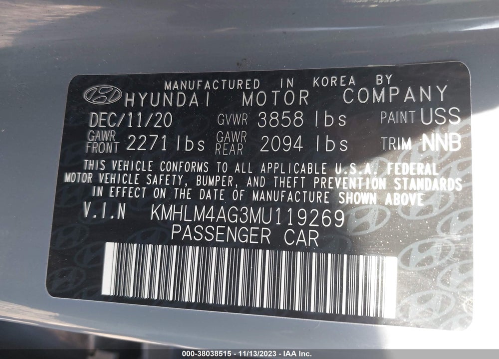 2021 HYUNDAI ELANTRA SEL VIN: KMHLM4AG3MU119269