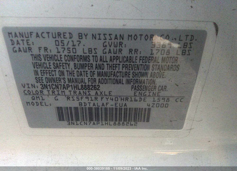 2017 NISSAN VERSA 1.6 S+ VIN: 3N1CN7AP1HL888262