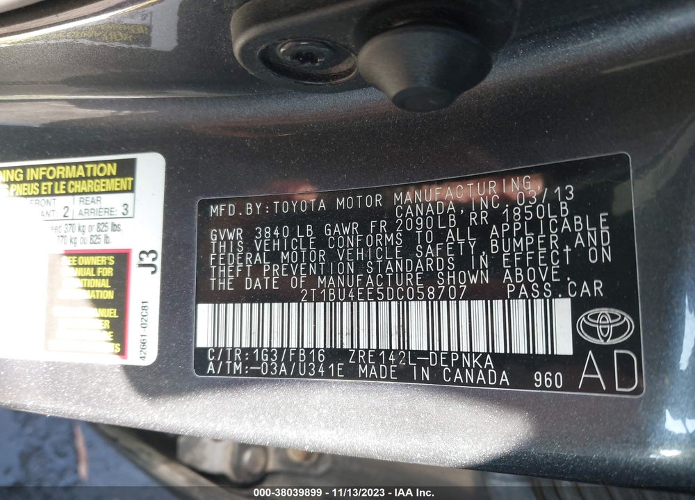 2013 TOYOTA COROLLA LE VIN: 2T1BU4EE5DC058707