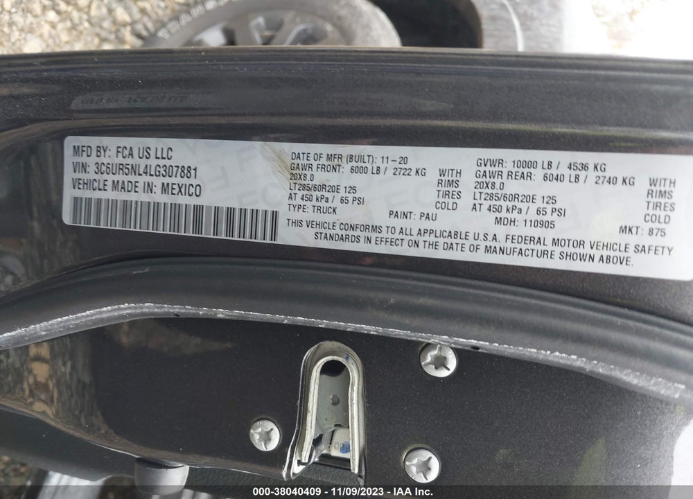 2020 RAM 2500 VIN: 3C6UR5NL4LG307881