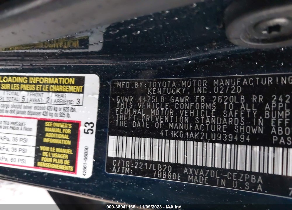 2020 TOYOTA CAMRY XSE VIN: 4T1K61AK2LU939494