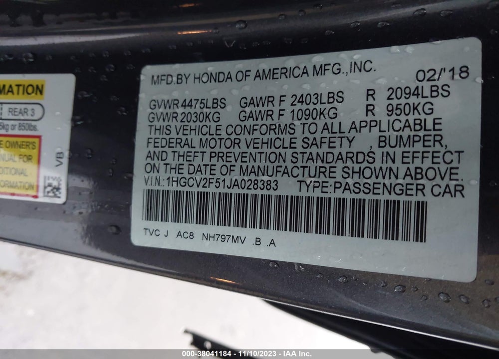 2018 HONDA ACCORD EX-L 2.0T VIN: 1HGCV2F51JA028383