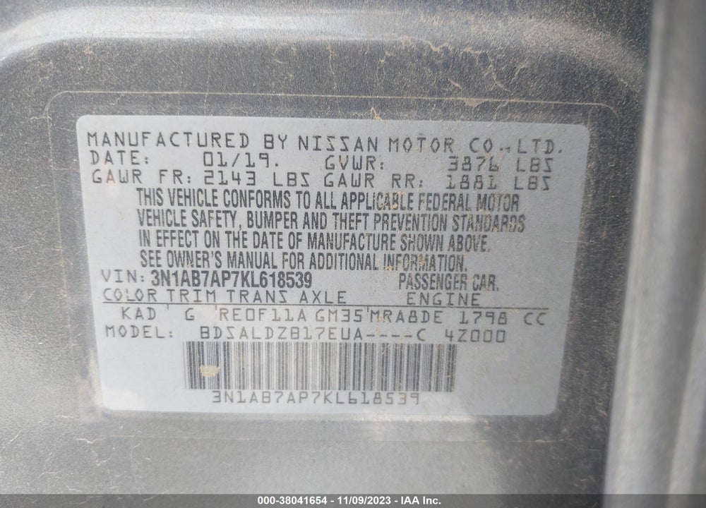 2019 NISSAN SENTRA SV VIN: 3N1AB7AP7KL618539