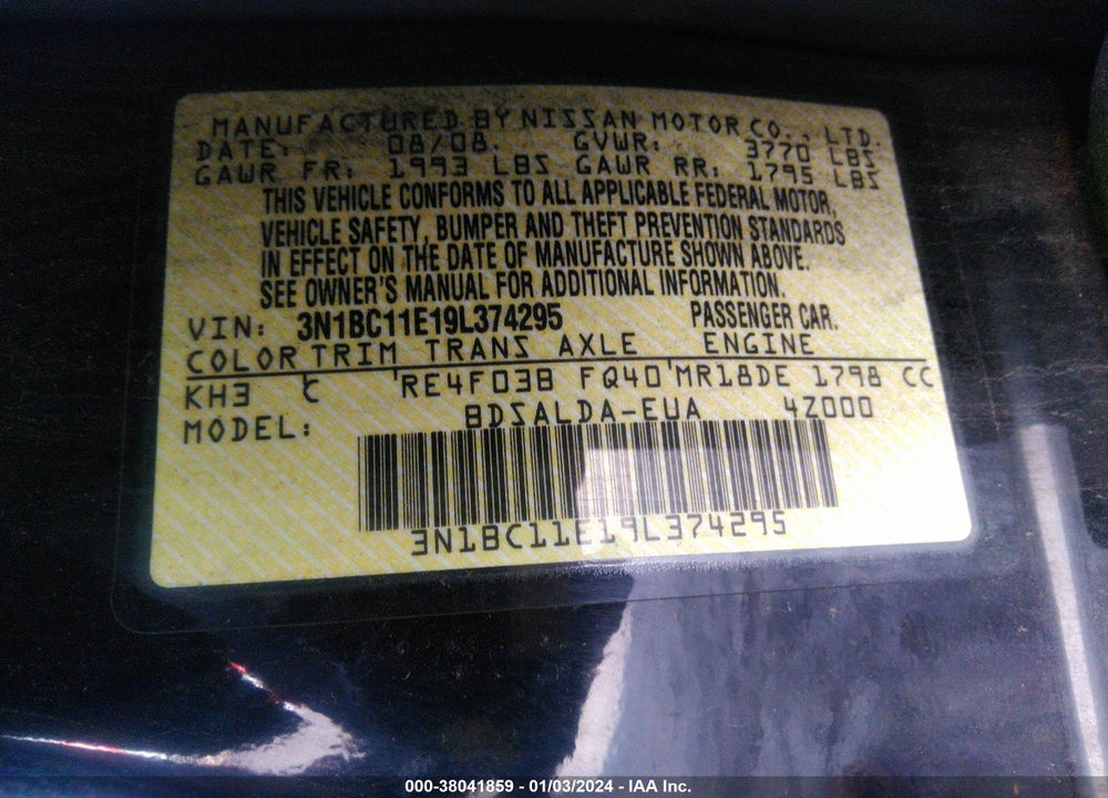 2009 NISSAN VERSA 1.8S VIN: 3N1BC11E19L374295