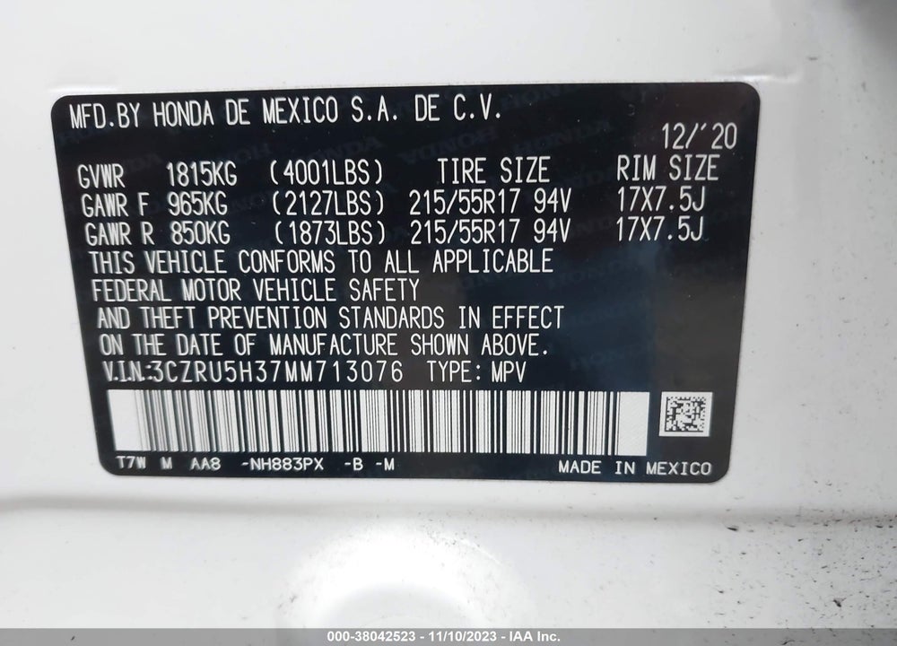 2021 HONDA HR-V 2WD LX VIN: 3CZRU5H37MM713076