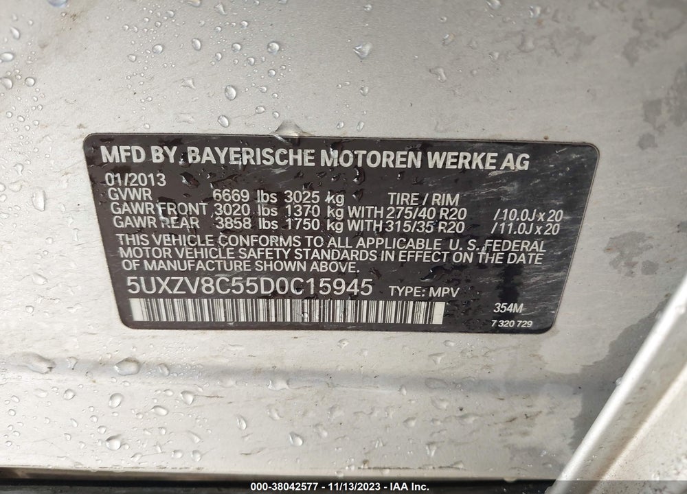 2013 BMW X5 XDRIVE50I VIN: 5UXZV8C55D0C15945