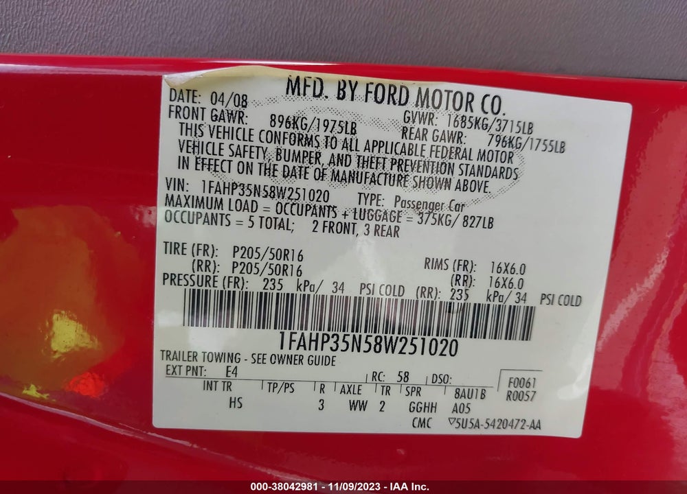 2008 FORD FOCUS SE/SES VIN: 1FAHP35N58W251020