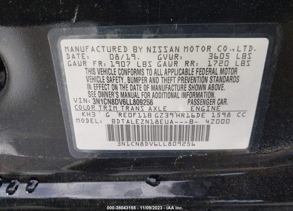 2020 NISSAN VERSA S XTRONIC CVT VIN: 3N1CN8DV6LL809256