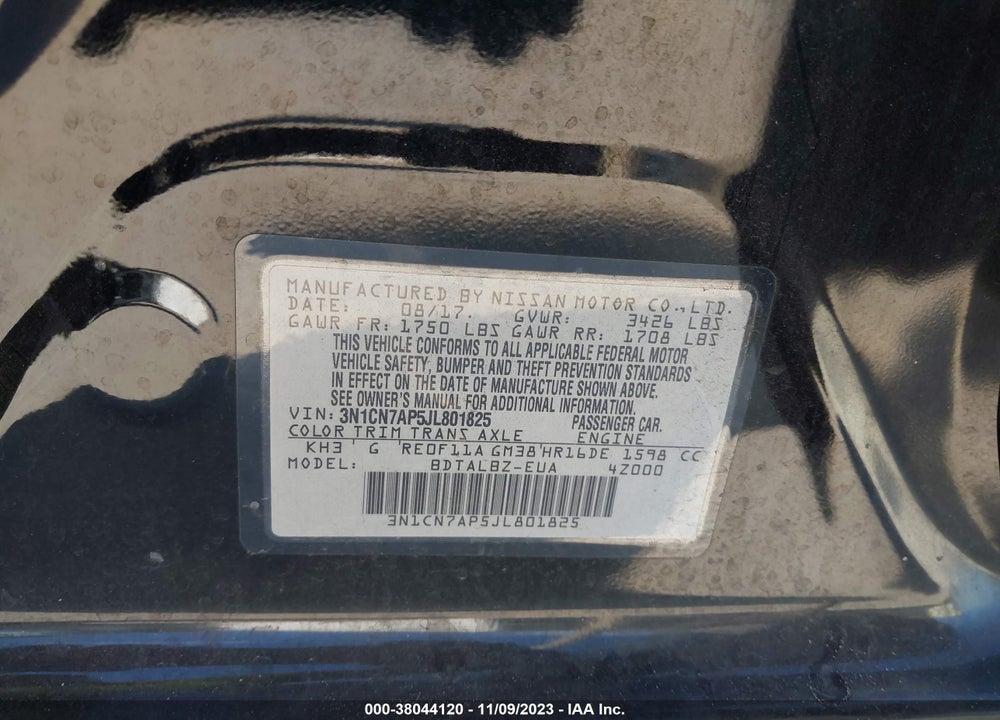 2018 NISSAN VERSA 1.6 SV VIN: 3N1CN7AP5JL801825