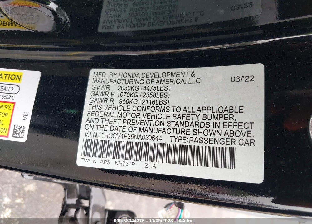 2022 HONDA ACCORD SPORT VIN: 1HGCV1F35NA039644