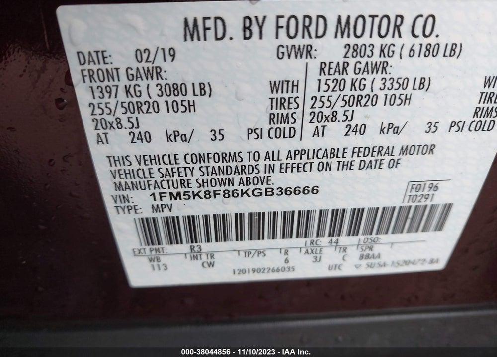 2019 FORD EXPLORER LIMITED VIN: 1FM5K8F86KGB36666