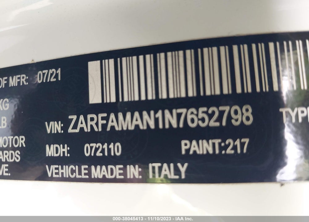2022 ALFA ROMEO GIULIA SPRINT RWD VIN: ZARFAMAN1N7652798