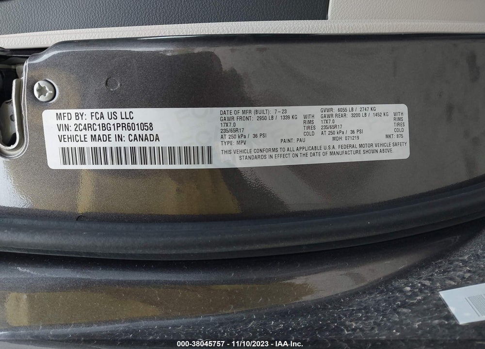 2023 CHRYSLER PACIFICA TOURING L VIN: 2C4RC1BG1PR601058