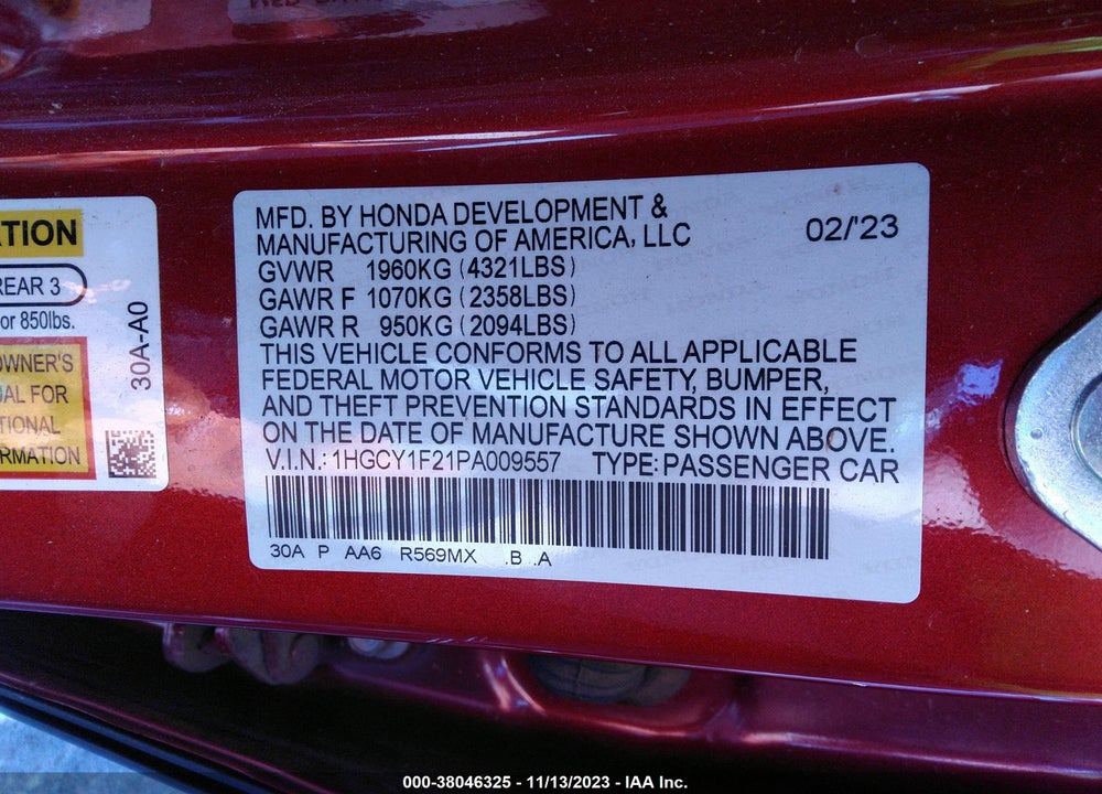 2023 HONDA ACCORD VIN: 1HGCY1F21PA009557