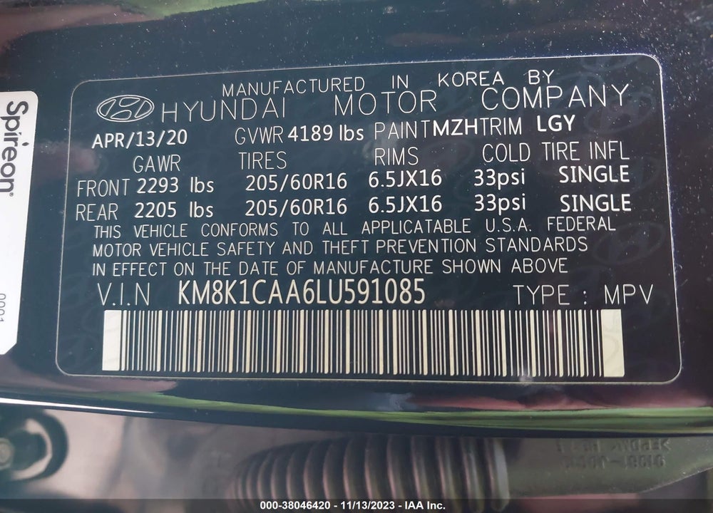 2020 HYUNDAI KONA SE VIN: KM8K1CAA6LU591085