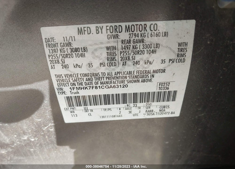 2012 FORD EXPLORER LIMITED VIN: 1FMHK7F81CGA63120
