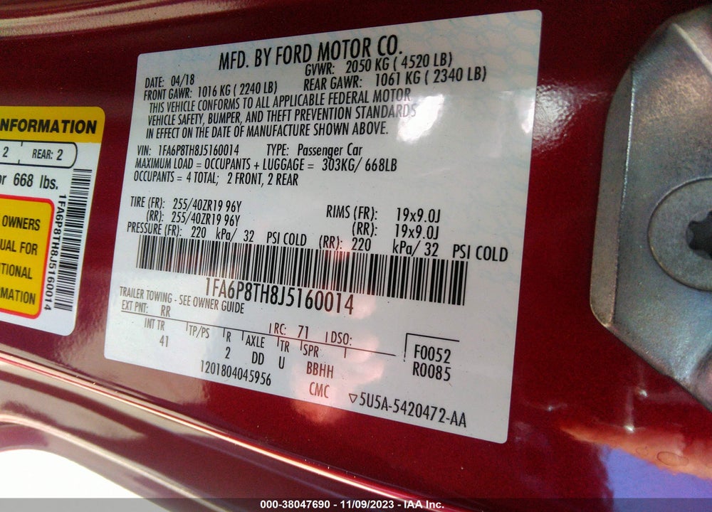 2018 FORD MUSTANG ECOBOOST VIN: 1FA6P8TH8J5160014