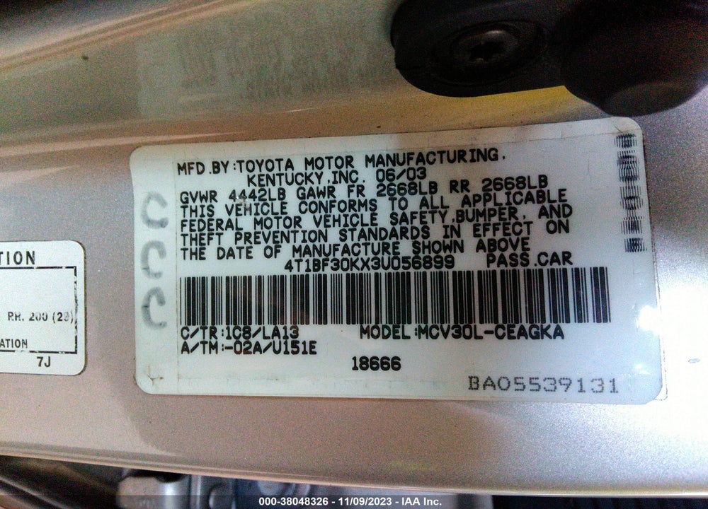 2003 TOYOTA CAMRY XLE VIN: 4T1BF30KX3U056899