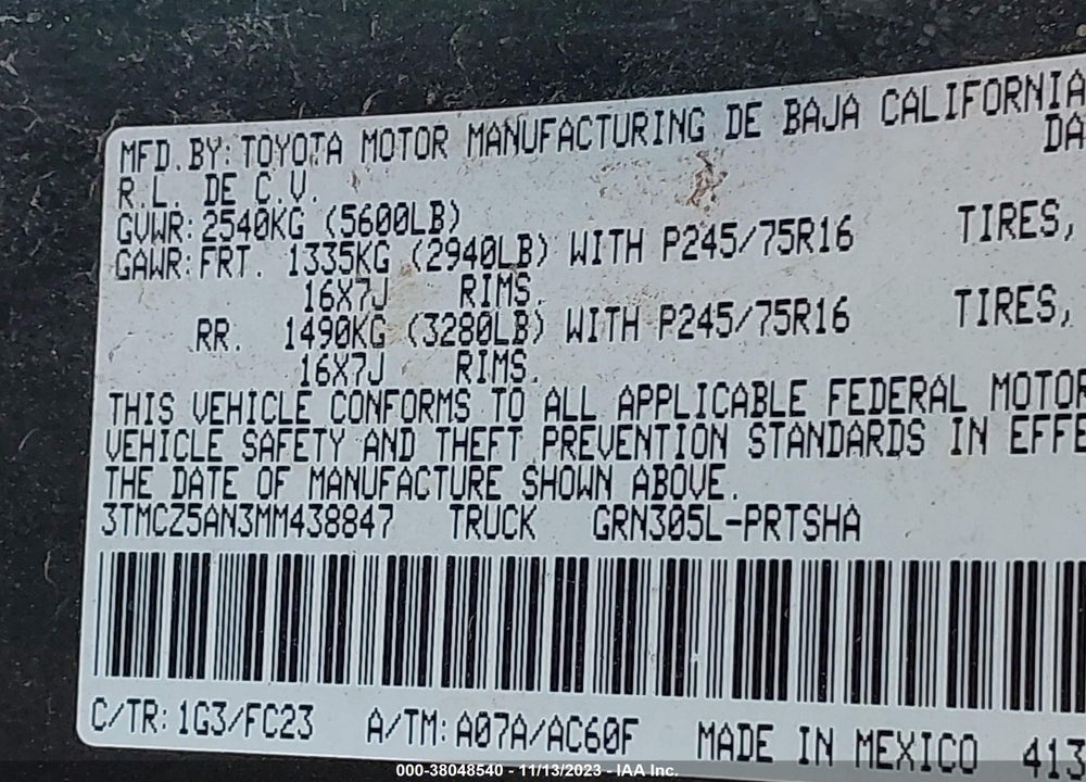 2021 TOYOTA TACOMA SR5 V6 VIN: 3TMCZ5AN3MM438847