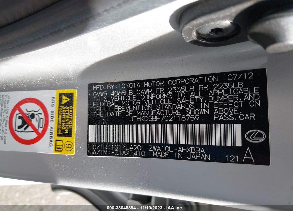 2012 LEXUS CT 200H VIN: JTHKD5BH7C2118759