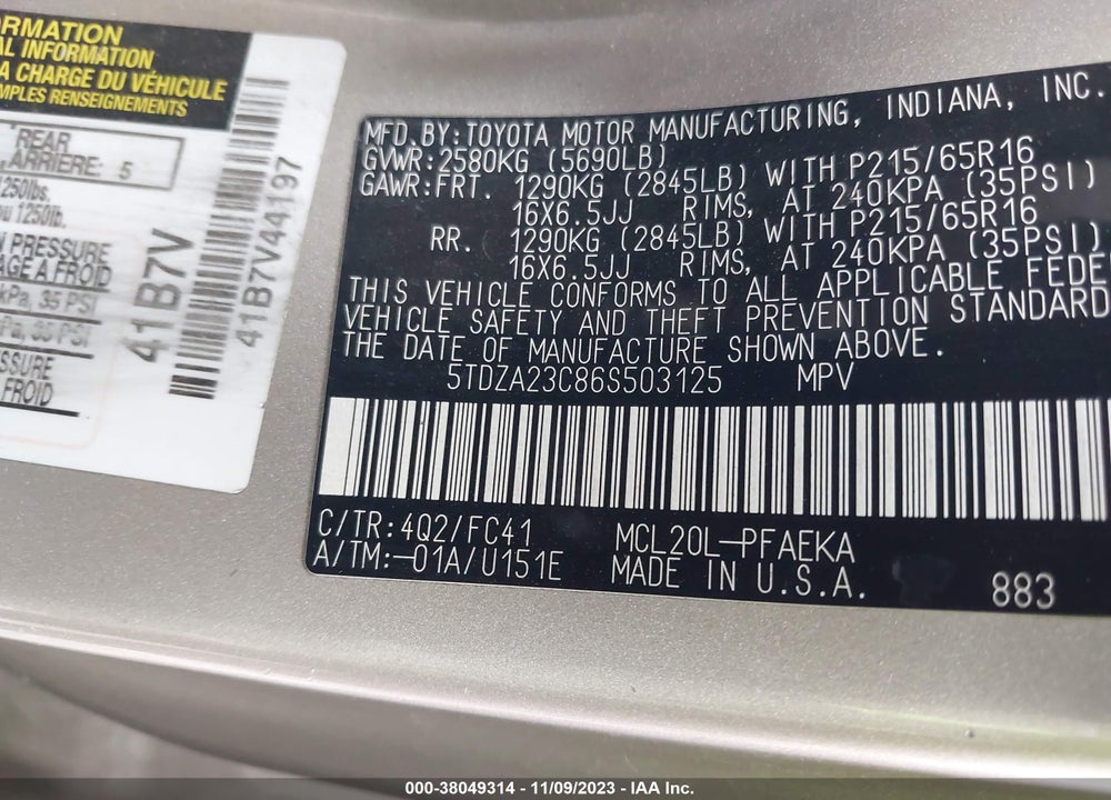 2006 TOYOTA SIENNA LE VIN: 5TDZA23C86S503125