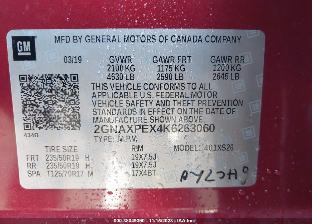 2019 CHEVROLET EQUINOX PREMIER VIN: 2GNAXPEX4K6263060