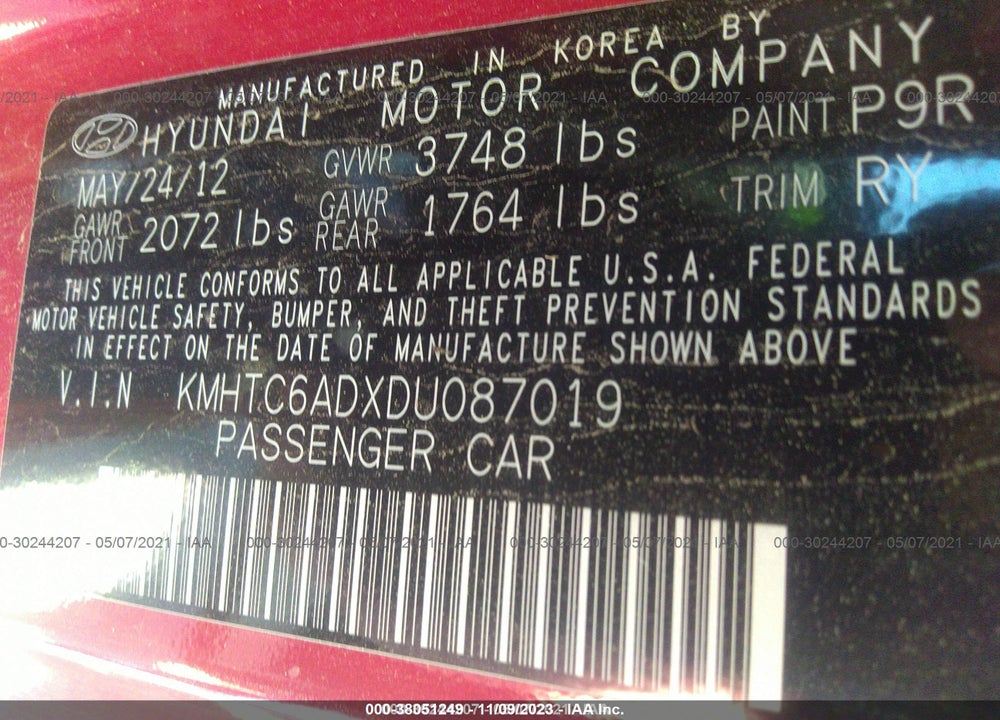 2013 HYUNDAI VELOSTER BASE W/GRAY VIN: KMHTC6ADXDU087019