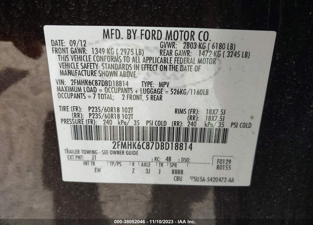 2013 FORD FLEX SEL VIN: 2FMHK6C87DBD18814