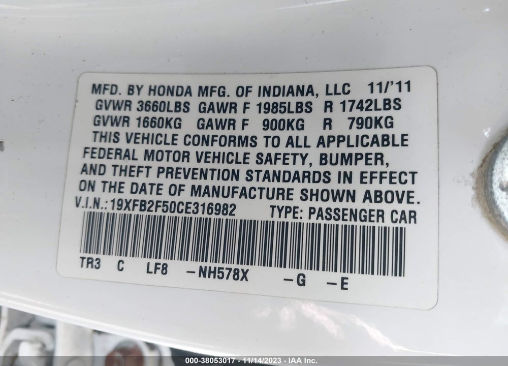 2012 HONDA CIVIC LX VIN: 19XFB2F50CE316982