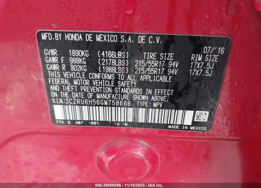 2016 HONDA HR-V EX VIN: 3CZRU6H56GM758666