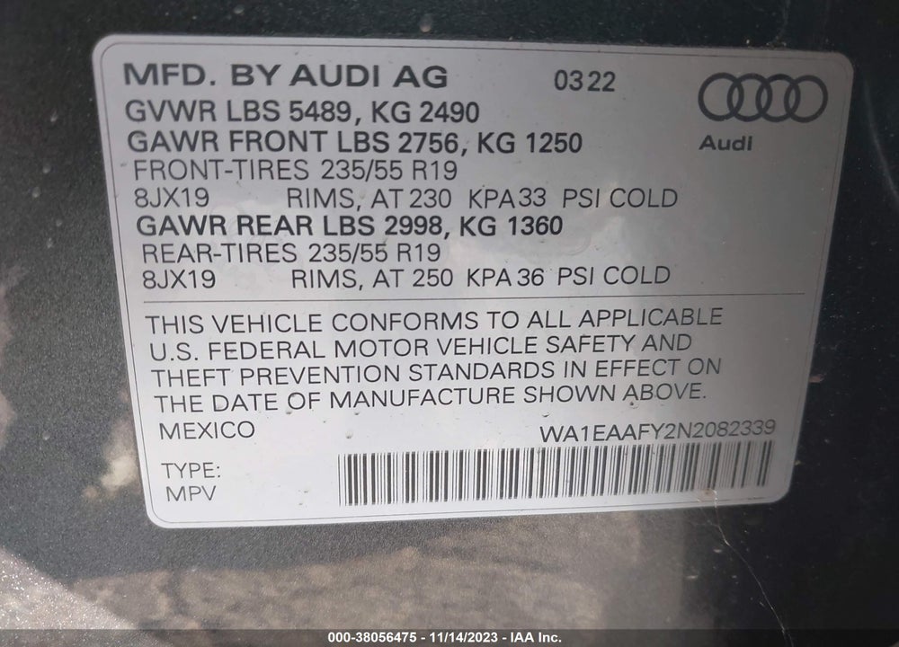 2022 AUDI Q5 PREMIUM PLUS 45 TFSI S LINE QUATTRO S TRONIC VIN: WA1EAAFY2N2082339