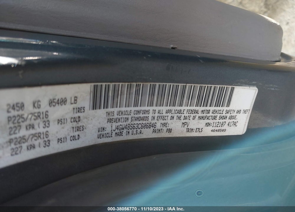 2003 JEEP GRAND CHEROKEE LAREDO VIN: 1J4GW48S63C606846