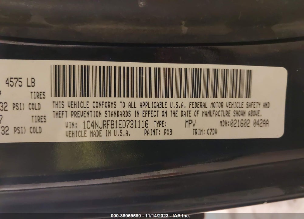 2014 JEEP PATRIOT LATITUDE VIN: 1C4NJRFB1ED731116