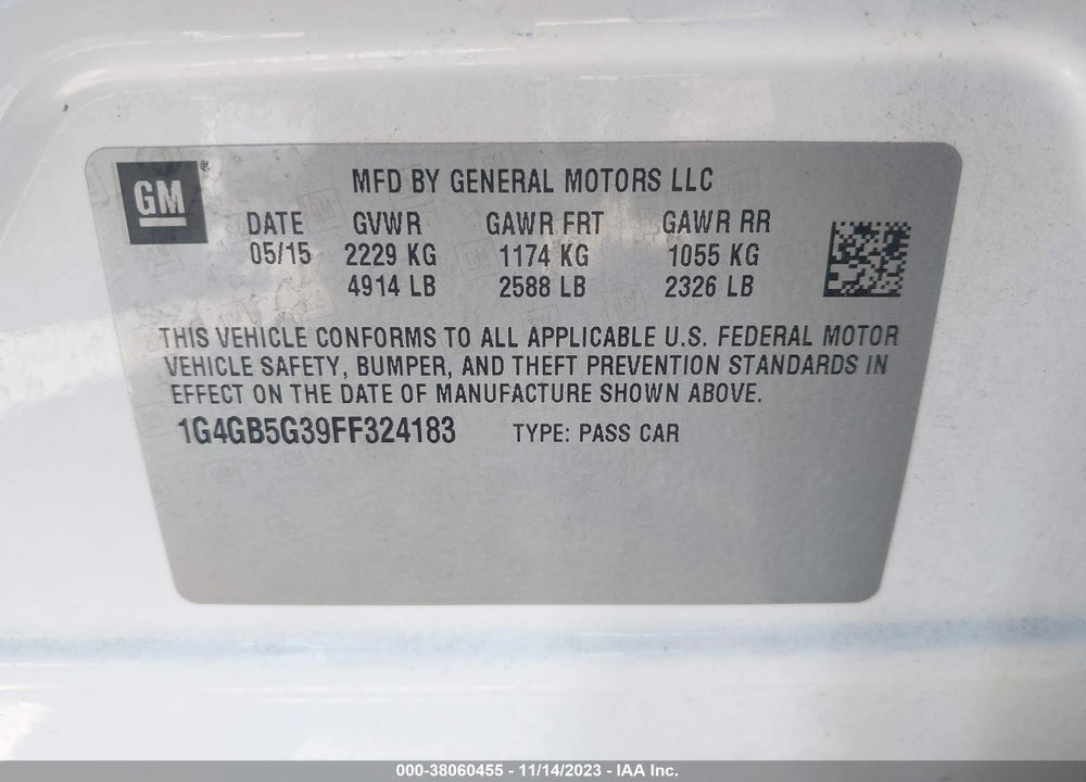 2015 BUICK LACROSSE LEATHER VIN: 1G4GB5G39FF324183