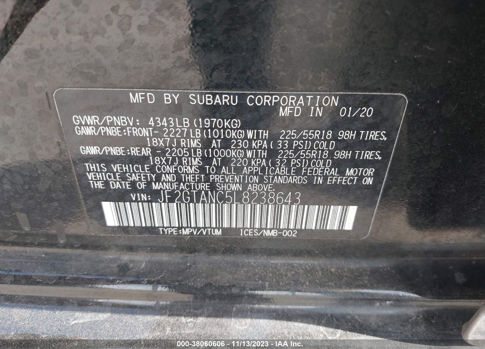 2020 SUBARU CROSSTREK LIMITED VIN: JF2GTANC5L8238643