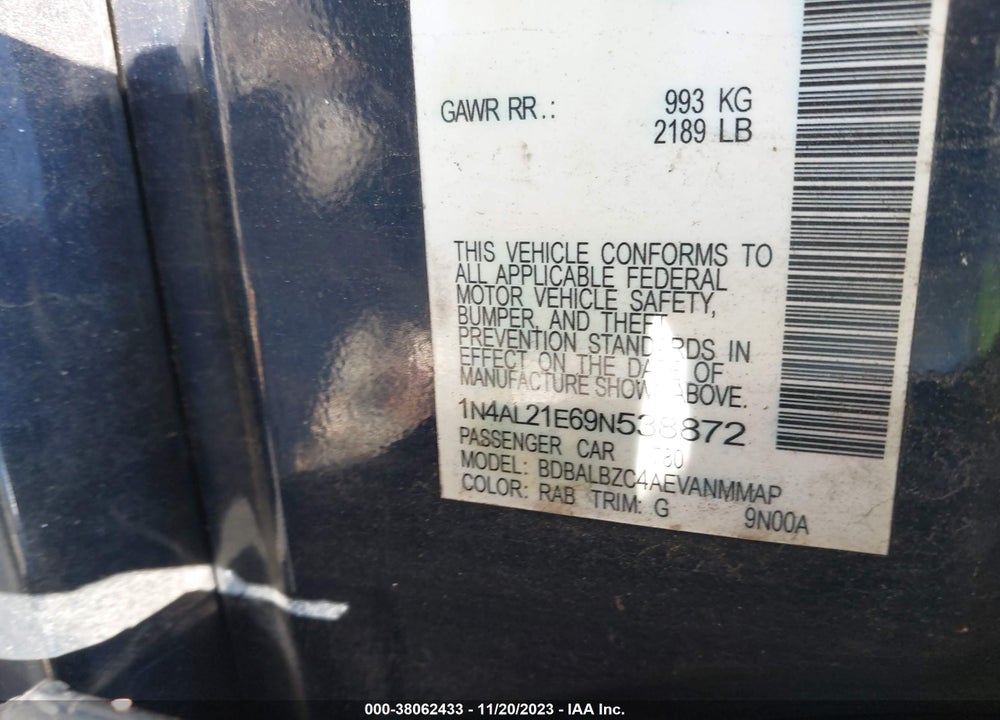 2009 NISSAN ALTIMA 2.5 S VIN: 1N4AL21E69N538872