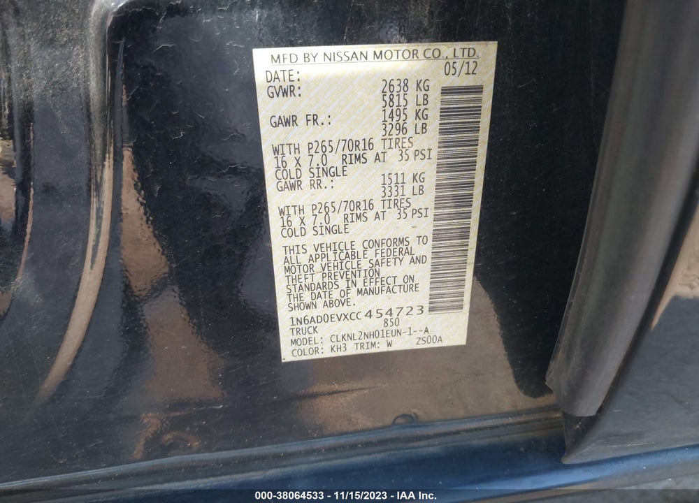 2012 NISSAN FRONTIER SV VIN: 1N6AD0EVXCC454723