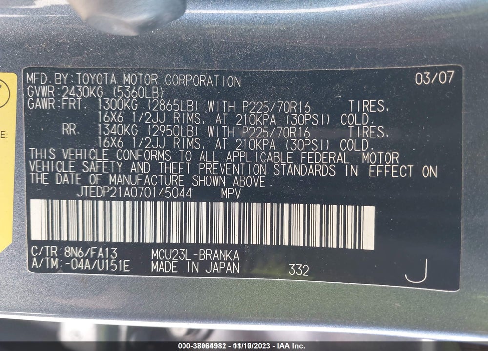 2007 TOYOTA HIGHLANDER V6 VIN: JTEDP21A070145044