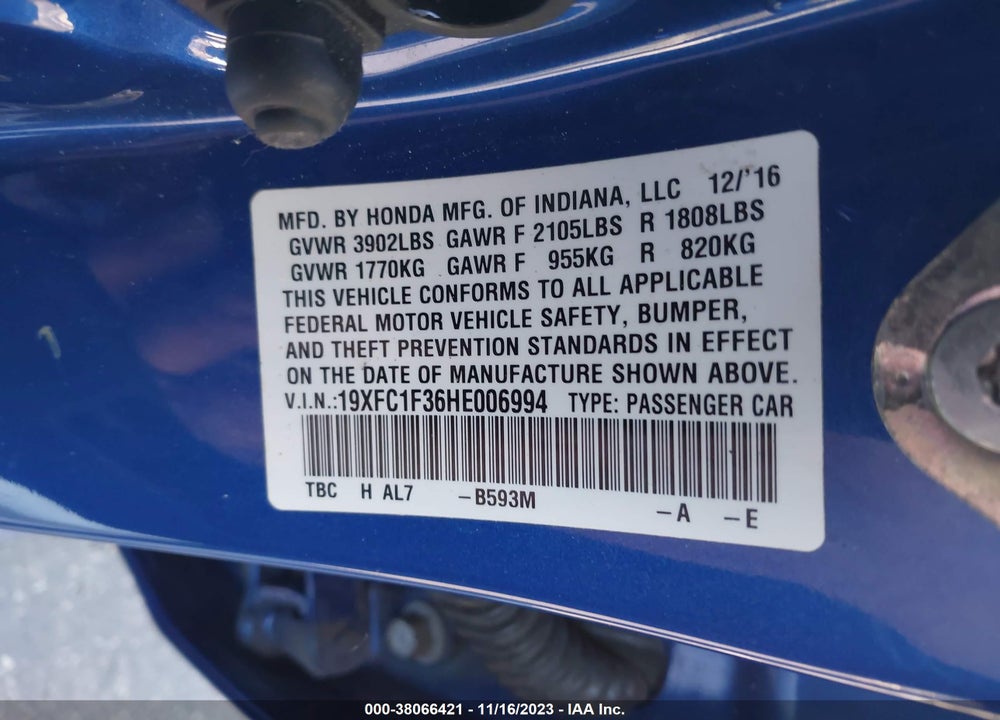 2017 HONDA CIVIC EX-T VIN: 19XFC1F36HE006994