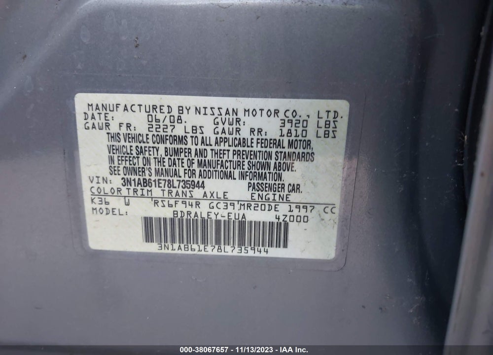 2008 NISSAN SENTRA 2.0S VIN: 3N1AB61E78L735944