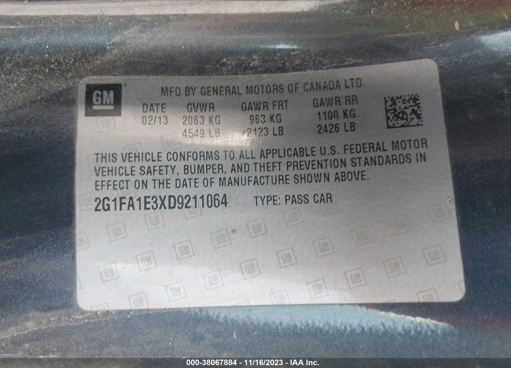 2013 CHEVROLET CAMARO 2LS VIN: 2G1FA1E3XD9211064